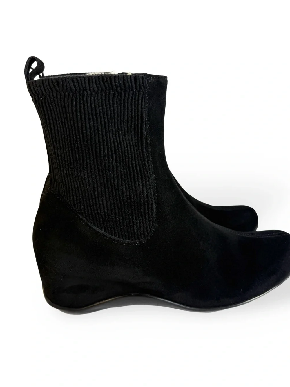 Aquatalia Black Suede Ankle Booties with Knit Stretch Panels